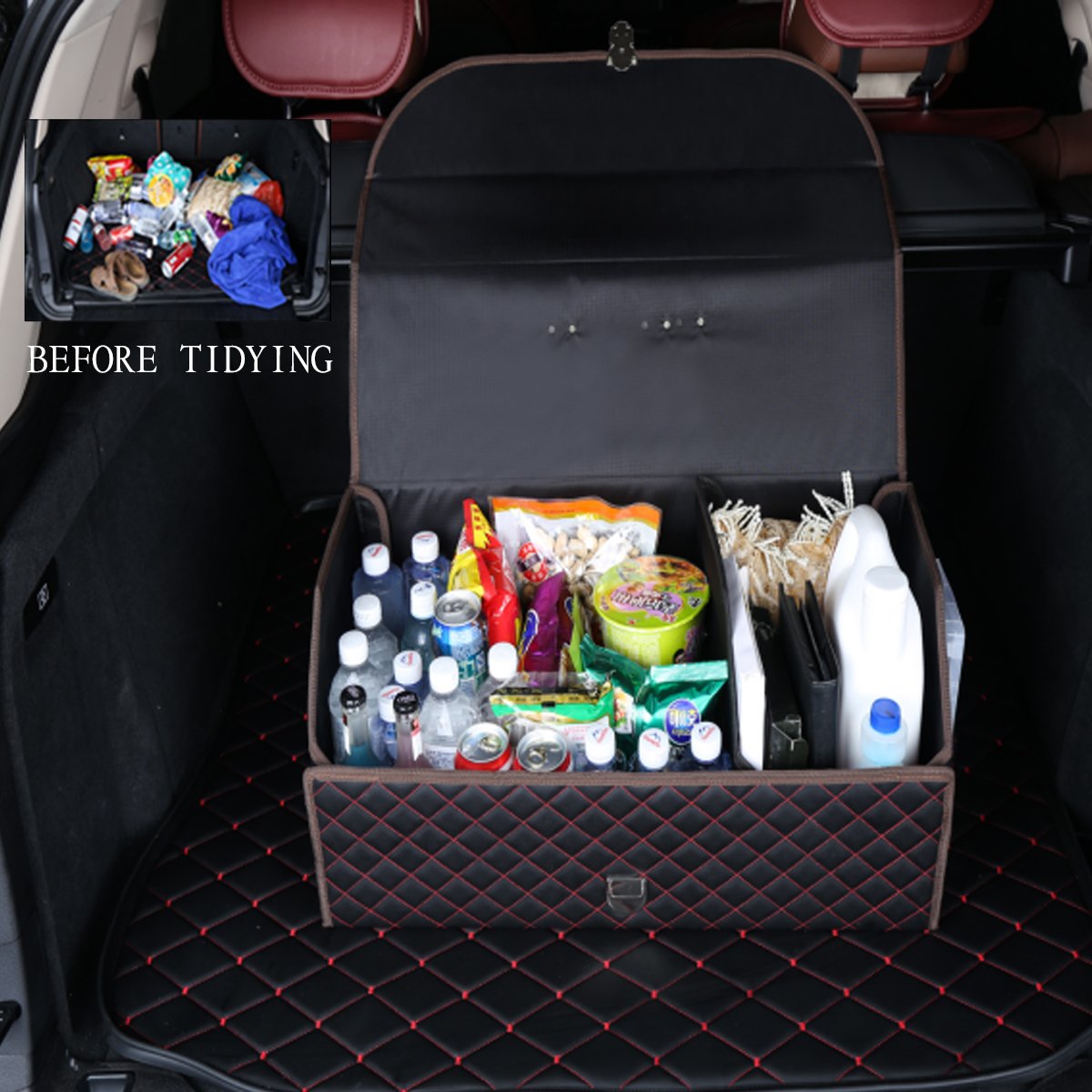 Car Trunk Organizer Foldable Leather Trunk Organizer with Lid Handle